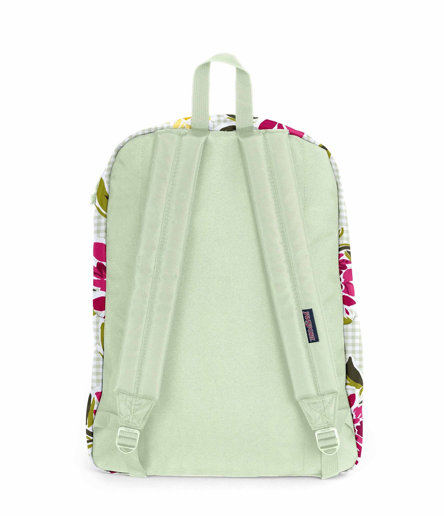 SuperBreak One JanSport Rucksack in der Farbe Garden Tea Party, hellgrün mit rosa Blumenmuster und dunklem Innenfutter