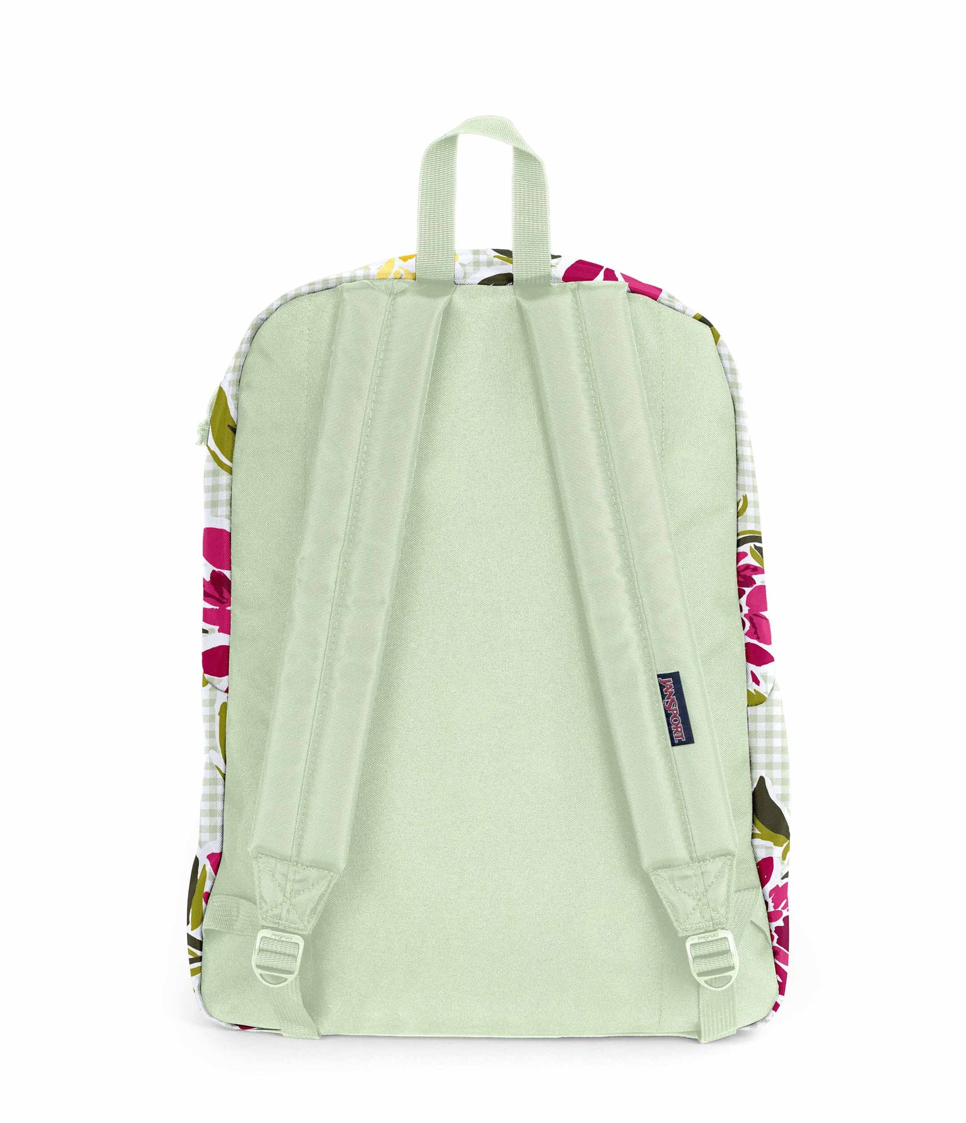 SuperBreak One JanSport Rucksack in der Farbe Garden Tea Party, hellgrün mit rosa Blumenmuster und dunklem Innenfutter