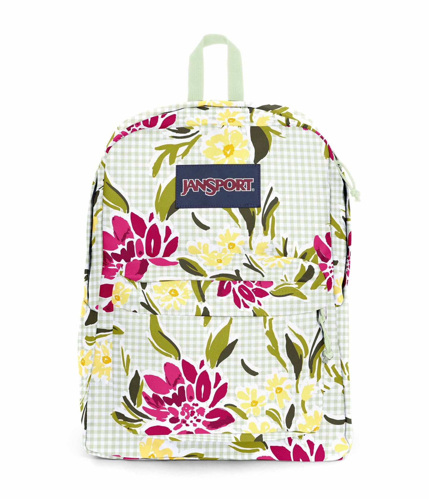 SuperBreak One JanSport Rucksack in der Farbe Garden Tea Party, hellgrün mit rosa Blumenmuster und dunklem Innenfutter