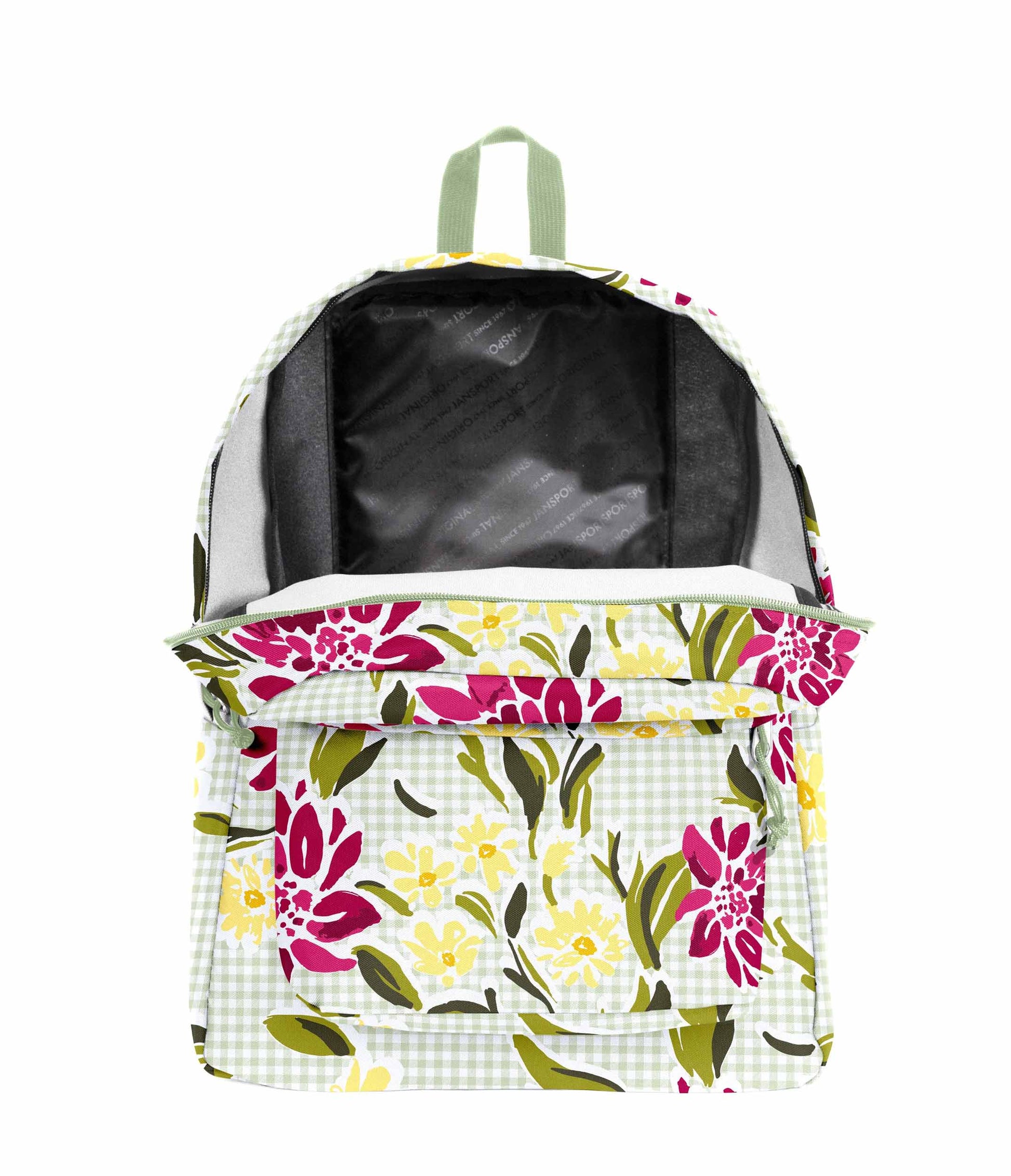 SuperBreak One JanSport Rucksack in der Farbe Garden Tea Party, hellgrüner Beutel mit rosa Blumenmuster und dunklem Innenfutter, offener Tasche